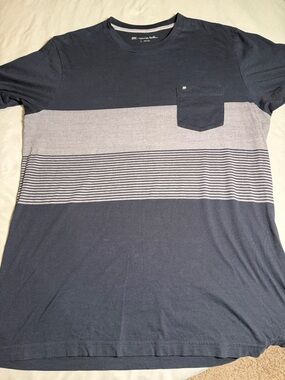 Travis Mathew Navy and Light Gray Striped Pocket Tee
